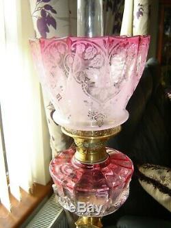 A Stunning Victorian Cranberry Teardrop Oil Lamp & Matching Shade