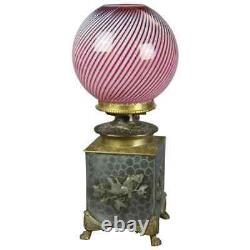 Aesthetic Silver & Gilt Metal Oil Lamp, Cranberry Swirl Glass Shade, circa 1870