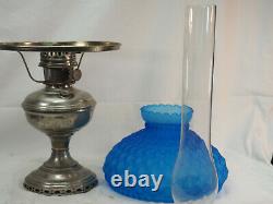 Aladdin #11 Metal Nickle Oil Lamp tall glass chimney quilted blue glass shade