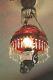 American Victorian Cranberry Hobnail Shade Antique Hanging Oil Lamp Chandelier