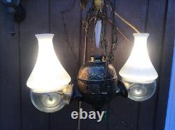 Angle Lamp Co. Double Brass Hanging Lamp, Electrified with Elbows & Chimneys