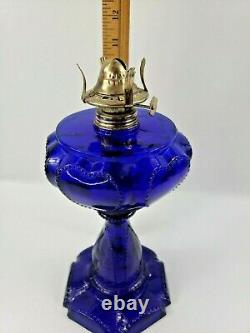 Antique1800s Cobalt Blue Glass Beaded Heart Sweetheart KEROSENE Oil Lamp