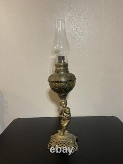 Antique 1800's Brass Hipwell Kerosene Oil lamp Cherubs Very Rare & Htf Exc