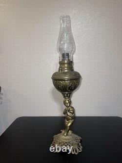 Antique 1800's Brass Hipwell Kerosene Oil lamp Cherubs Very Rare & Htf Exc