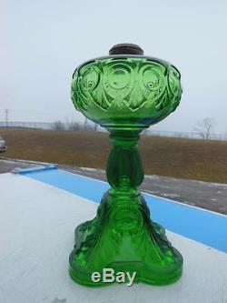 Antique 1800's Bullseye Green Glass Ornate Kerosene Kerotable Oil Lamp Swirl