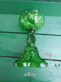 Antique 1800's Bullseye Green Glass Ornate Kerosene Kerotable Oil Lamp Swirl