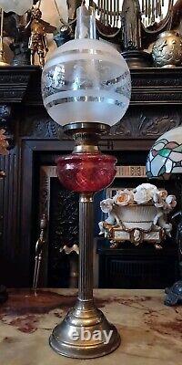 Antique 1800's Cranberry & Brass Victorian Brass Column Oil Lamp 27.5 RARE
