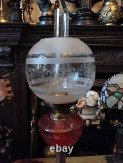 Antique 1800's Cranberry & Brass Victorian Brass Column Oil Lamp 27.5 RARE