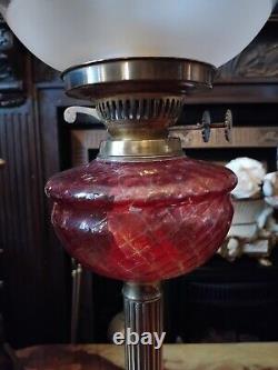 Antique 1800's Cranberry & Brass Victorian Brass Column Oil Lamp 27.5 RARE