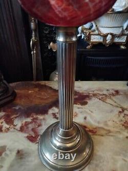 Antique 1800's Cranberry & Brass Victorian Brass Column Oil Lamp 27.5 RARE