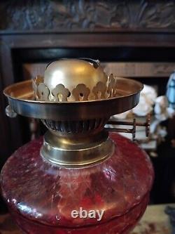 Antique 1800's Cranberry & Brass Victorian Brass Column Oil Lamp 27.5 RARE