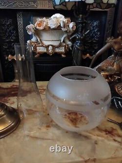 Antique 1800's Cranberry & Brass Victorian Brass Column Oil Lamp 27.5 RARE