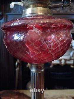 Antique 1800's Cranberry & Brass Victorian Brass Column Oil Lamp 27.5 RARE