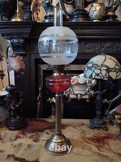 Antique 1800's Cranberry & Brass Victorian Brass Column Oil Lamp 27.5 RARE