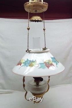 Antique 1800's Hand Painted Brass & Metal Hanging Oil Lamp
