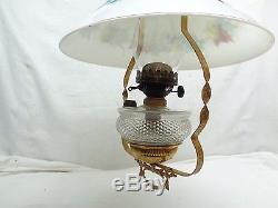 Antique 1800's Hand Painted Brass & Metal Hanging Oil Lamp