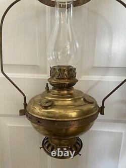 Antique 1800's Hanging Country Store Brass Kerosene Lamp with Chimney