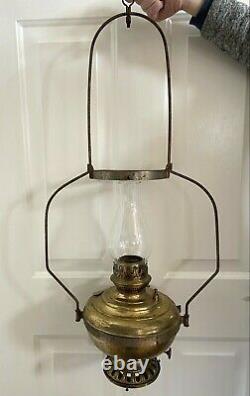 Antique 1800's Hanging Country Store Brass Kerosene Lamp with Chimney