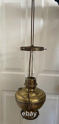 Antique 1800's Hanging Country Store Brass Kerosene Lamp with Chimney