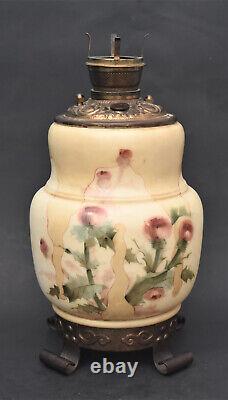 Antique 1800's Oil Lamp Base Asian Influenced Hand Painted Footed Glass