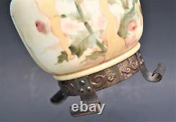 Antique 1800's Oil Lamp Base Asian Influenced Hand Painted Footed Glass