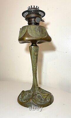 Antique 1800's Ornate Art Nouveau Patinated Bronze Leleu Paris Salon Oil Lamp