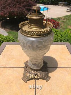Antique 1800's Ornate B&H Bradley & Hubbard Brass Burner &Frosted Glass Oil Lamp