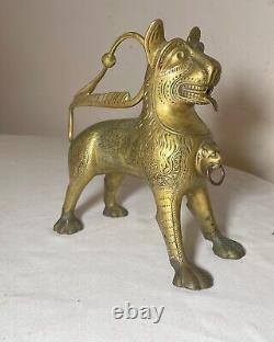 Antique 1800's bronze brass Aquamanile Lion Oil Lamp lighter Temple Lion statue