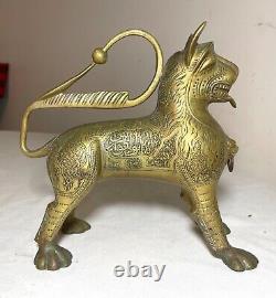 Antique 1800's bronze brass Aquamanile Lion Oil Lamp lighter Temple Lion statue