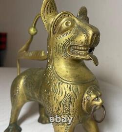 Antique 1800's bronze brass Aquamanile Lion Oil Lamp lighter Temple Lion statue