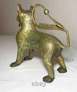 Antique 1800's bronze brass Aquamanile Lion Oil Lamp lighter Temple Lion statue