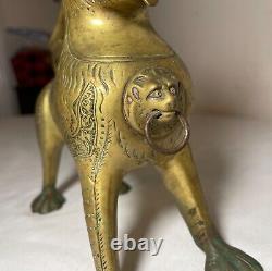 Antique 1800's bronze brass Aquamanile Lion Oil Lamp lighter Temple Lion statue