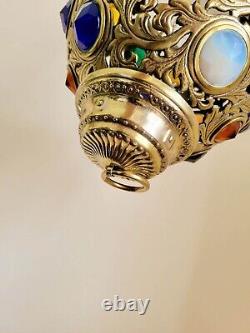 Antique 1800s Ormolu Pierced Brass Jeweled Hanging Oil Lamp Light Fixture 24