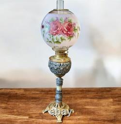 Antique 1800s Ornate Metals & Onyx Marble GWTW Banquet Oil Lamp Electrified 32