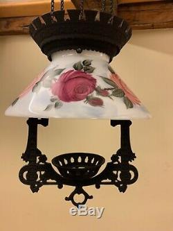 Antique 1800s Victorian Cast Iron Hanging Oil Lamp Fixture With Glass Floral Shade