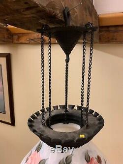 Antique 1800s Victorian Cast Iron Hanging Oil Lamp Fixture With Glass Floral Shade