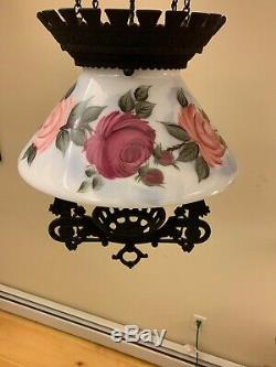 Antique 1800s Victorian Cast Iron Hanging Oil Lamp Fixture With Glass Floral Shade