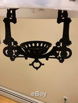 Antique 1800s Victorian Cast Iron Hanging Oil Lamp Fixture With Glass Floral Shade