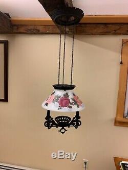 Antique 1800s Victorian Cast Iron Hanging Oil Lamp Fixture With Glass Floral Shade