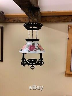 Antique 1800s Victorian Cast Iron Hanging Oil Lamp Fixture With Glass Floral Shade