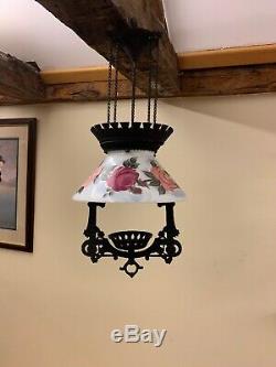 Antique 1800s Victorian Cast Iron Hanging Oil Lamp Fixture With Glass Floral Shade