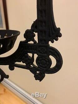 Antique 1800s Victorian Cast Iron Hanging Oil Lamp Fixture With Glass Floral Shade