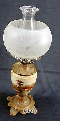 Antique 1860's Parlor Hurricane Oil Lamp Handpainted Farmhouse Sailboat Lake