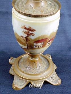 Antique 1860's Parlor Hurricane Oil Lamp Handpainted Farmhouse Sailboat Lake