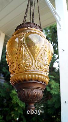 Antique 1870 1910 AMBER PATTERN Glass Shade Hall Parlor Hanging Oil Lamp