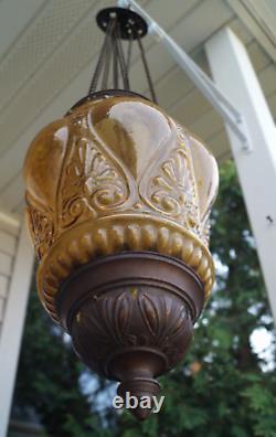 Antique 1870 1910 AMBER PATTERN Glass Shade Hall Parlor Hanging Oil Lamp