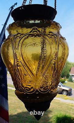 Antique 1870 1910 AMBER PATTERN Glass Shade Hall Parlor Hanging Oil Lamp