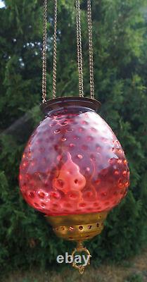Antique 1870 1910 CRANBERRY HOBNAIL Glass Shade Hall Parlor Hanging Oil Lamp