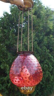 Antique 1870 1910 CRANBERRY HOBNAIL Glass Shade Hall Parlor Hanging Oil Lamp