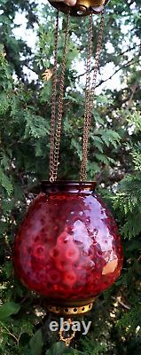 Antique 1870 1910 CRANBERRY HOBNAIL Glass Shade Hall Parlor Hanging Oil Lamp